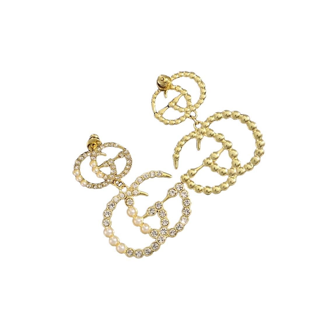 GGE115 Large Crystal and pearl Double GG logo drop earring - ccfashionjewelry