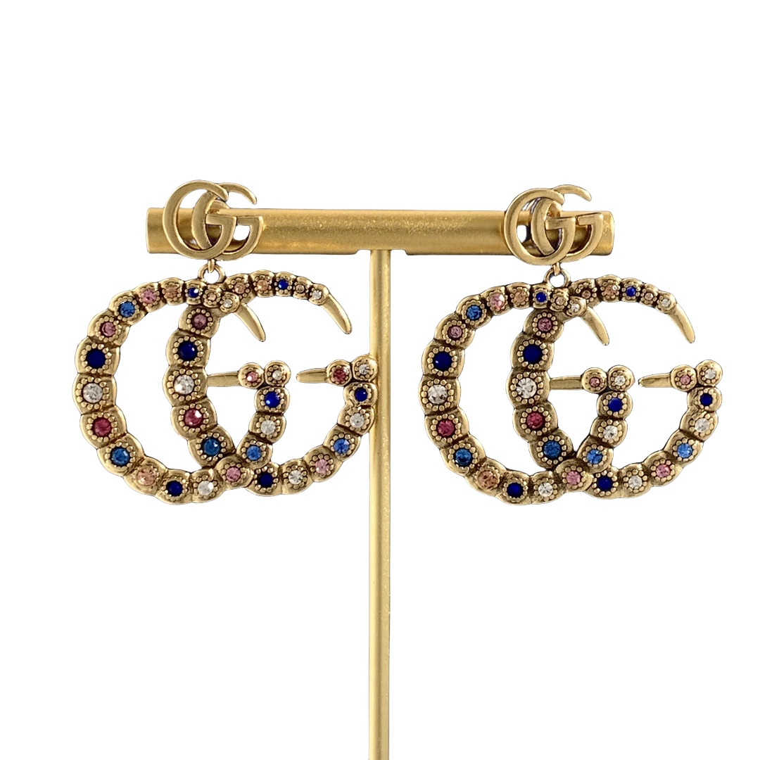 GGE102 Vintage colorful crystal GG logo with pearl drop earring - ccjewelryacc