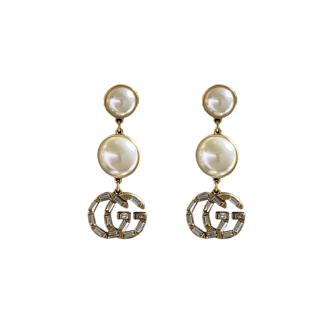 GGE084 Pearl and crystal GG logo drop earring - ccjewelryacc