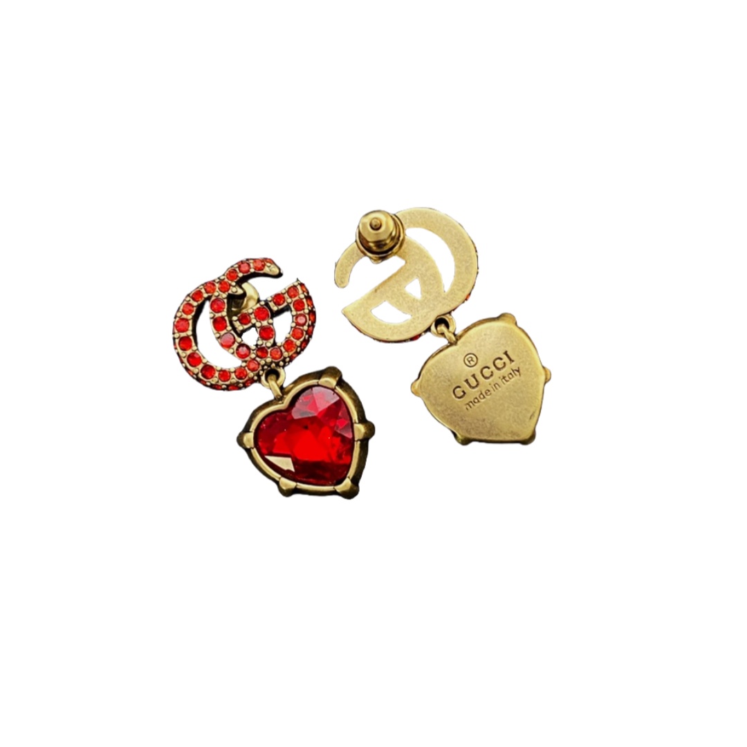 GGE083 Vintage Red full crystal GG logo with heart drop earring - ccfashionjewelry