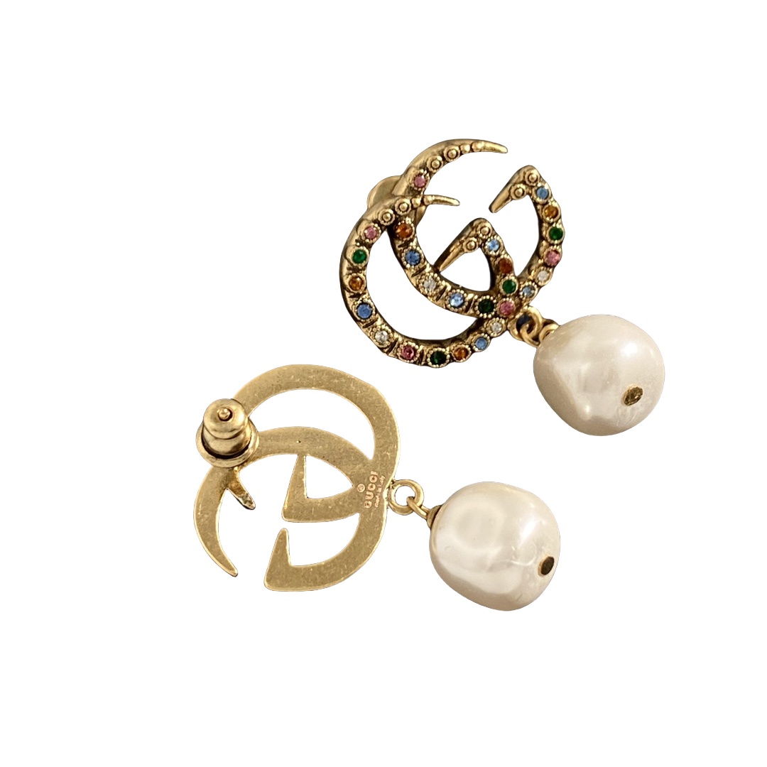 GGE101 Vintage colorful crystal GG logo with pearl drop earring - ccjewelryacc