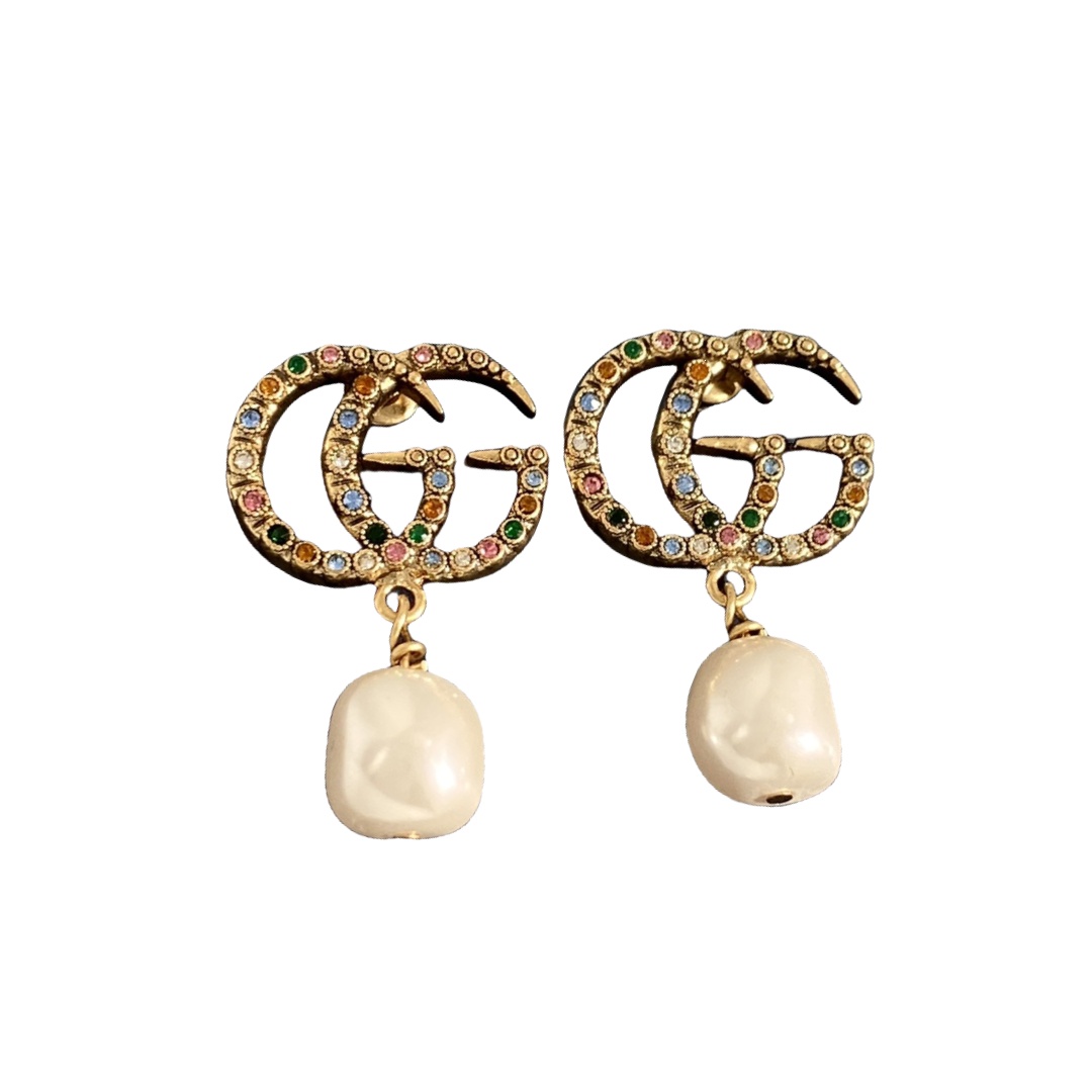 GGE101 Vintage colorful crystal GG logo with pearl drop earring - ccjewelryacc
