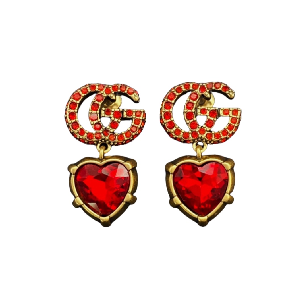 GGE083 Vintage Red full crystal GG logo with heart drop earring - ccfashionjewelry