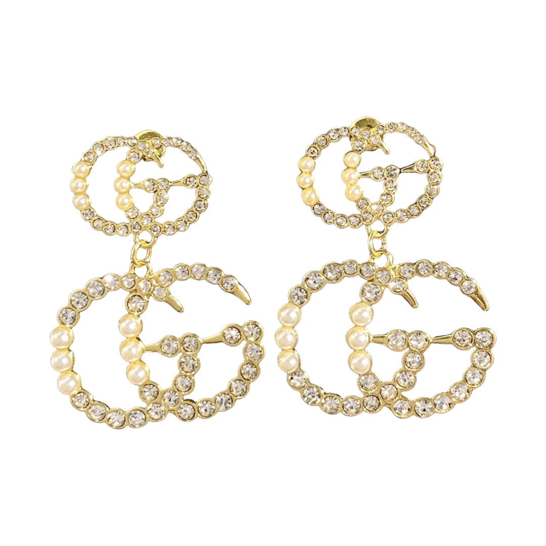 GGE115 Large Crystal and pearl Double GG logo drop earring - ccfashionjewelry
