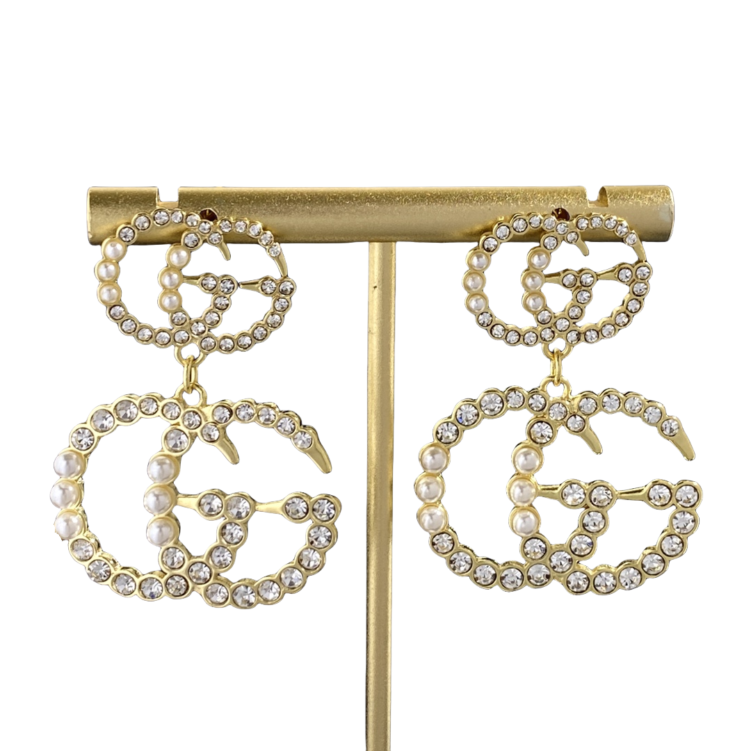 GGE115 Large Crystal and pearl Double GG logo drop earring - ccjewelryacc
