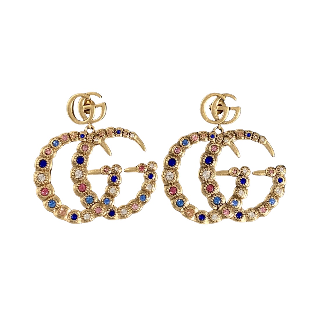 GGE102 Vintage colorful crystal GG logo with pearl drop earring - ccjewelryacc