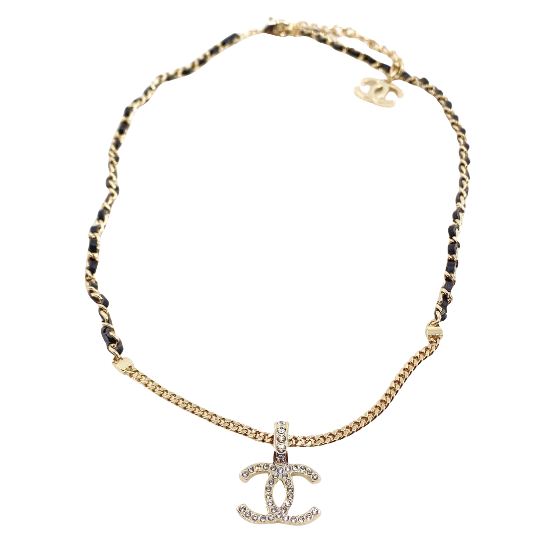CCN070 Metal and leather chain with crystal cc logo pendant Necklace - ccfashionjewelry