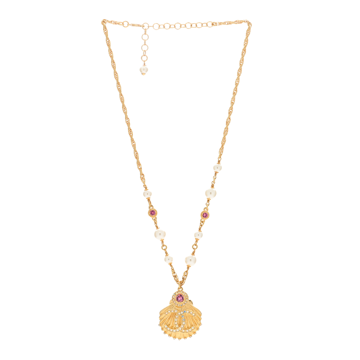 CCN565 Metal Pearl Crystal CC Shell Necklace Gold Pink Multicolor - ccfashionjewelry