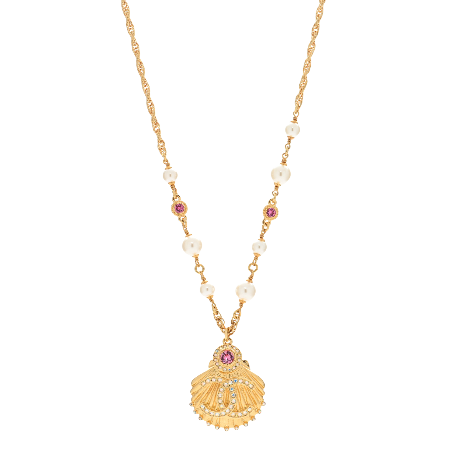 CCN565 Metal Pearl Crystal CC Shell Necklace Gold Pink Multicolor - ccfashionjewelry