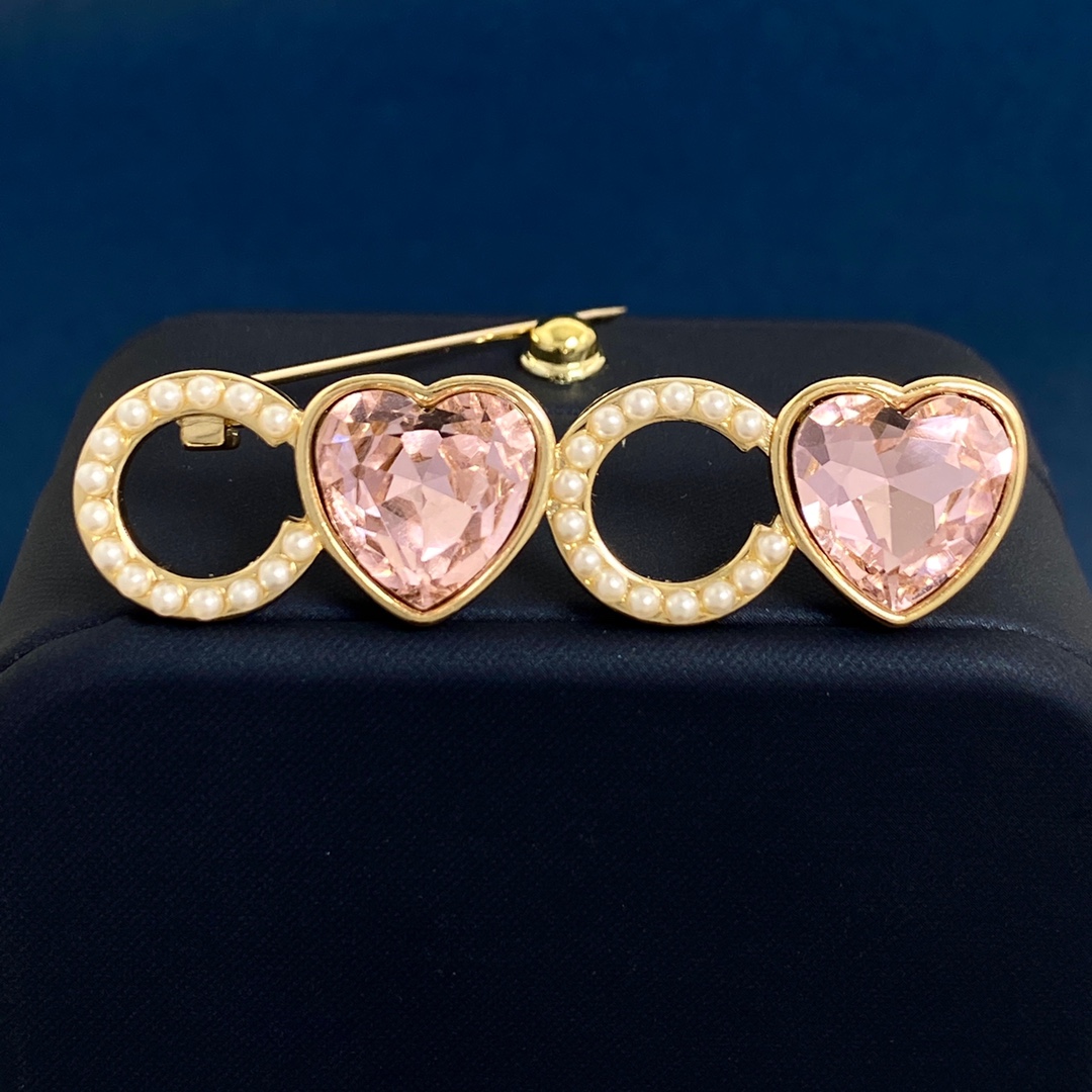 BCB099 Pink heart crystal and pearls COCO brooch Pin - ccjewelryacc