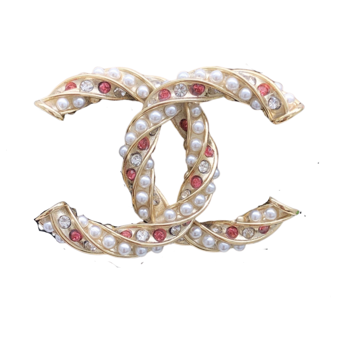 BCB230 Twist CC logo brooch pin in metal and crystal pearls - ccfashionjewelry