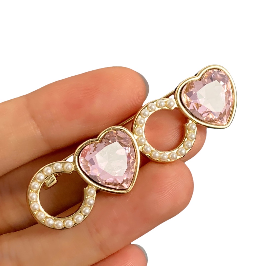 BCB099 Pink heart crystal and pearls COCO brooch Pin - ccfashionjewelry