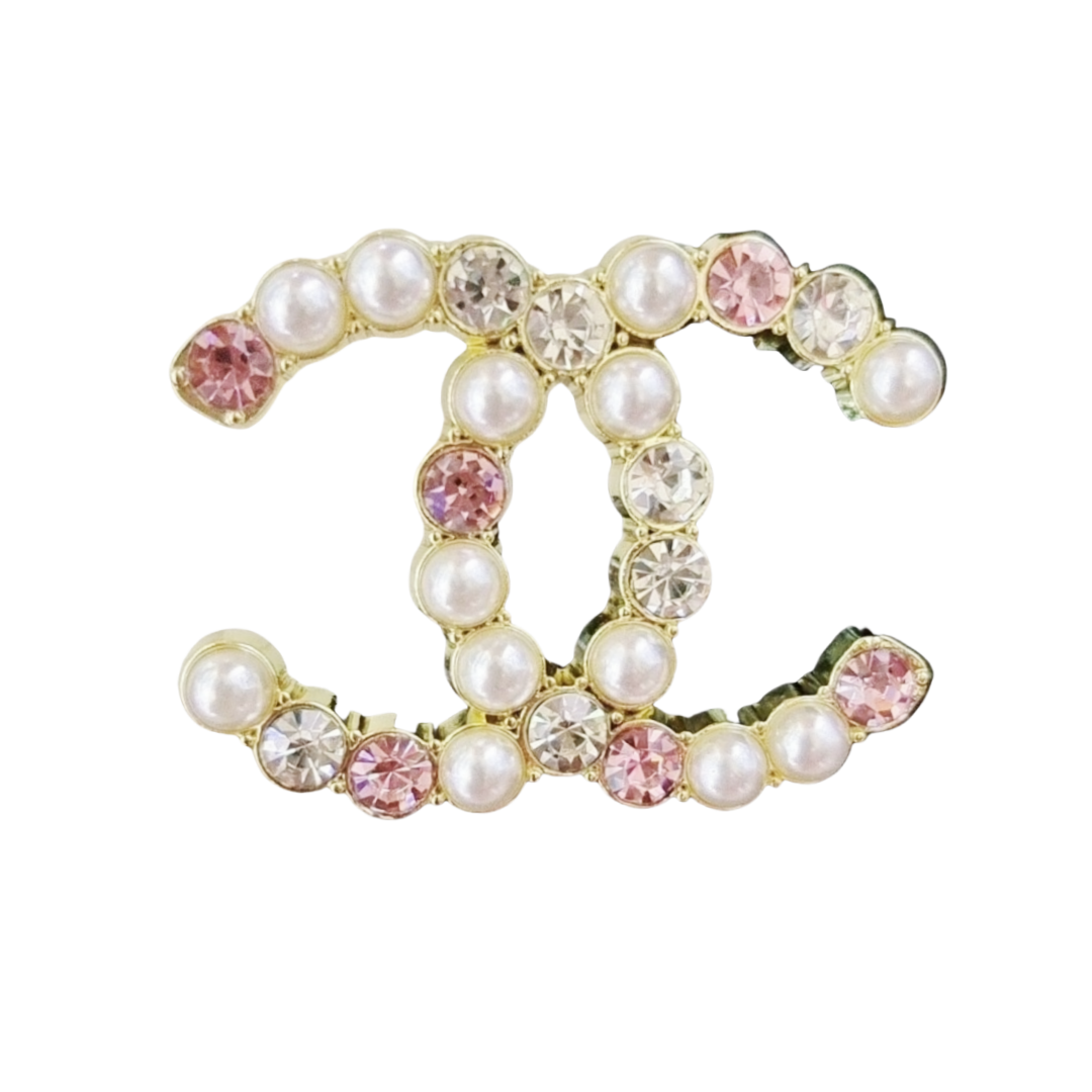 BCB094 Pearl and crystal CC logo brooch Pin - ccjewelryacc