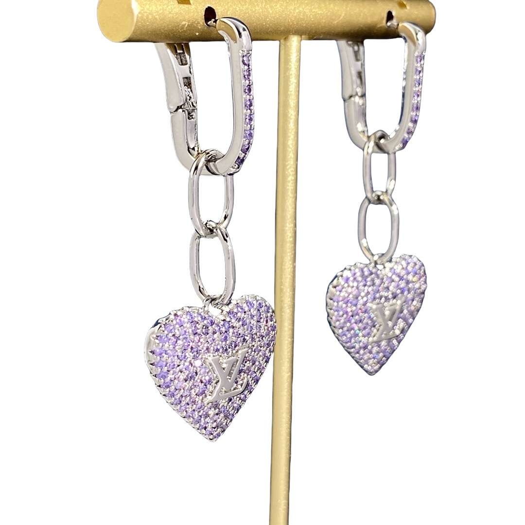 LVE030 Full purple crystal lv logo heart lv drop earring clip - ccjewelryacc