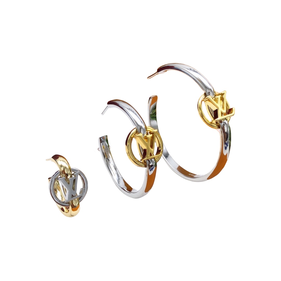 LVE058 Metal Silver hoop earring with gold lv logo - ccjewelryacc