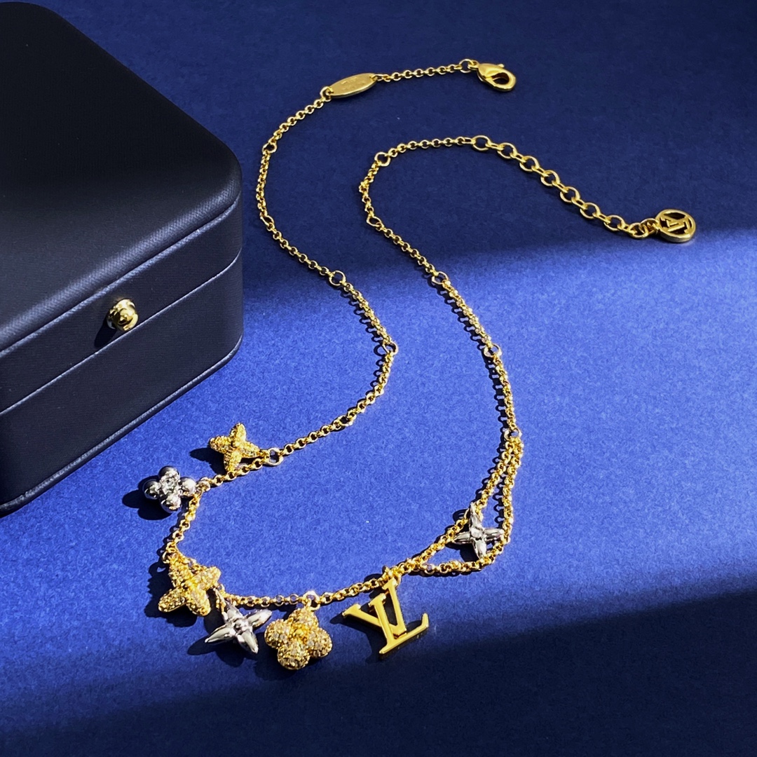 LVN015 Louis VL Gram Icon Motif Necklace Silvery Golden - ccjewelryacc