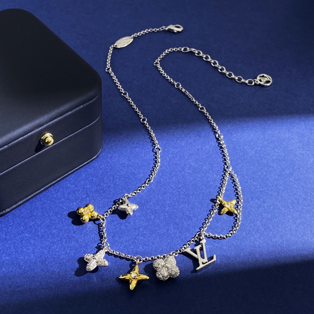 LVN015 Louis VL Gram Icon Motif Necklace Silvery Golden - ccjewelryacc