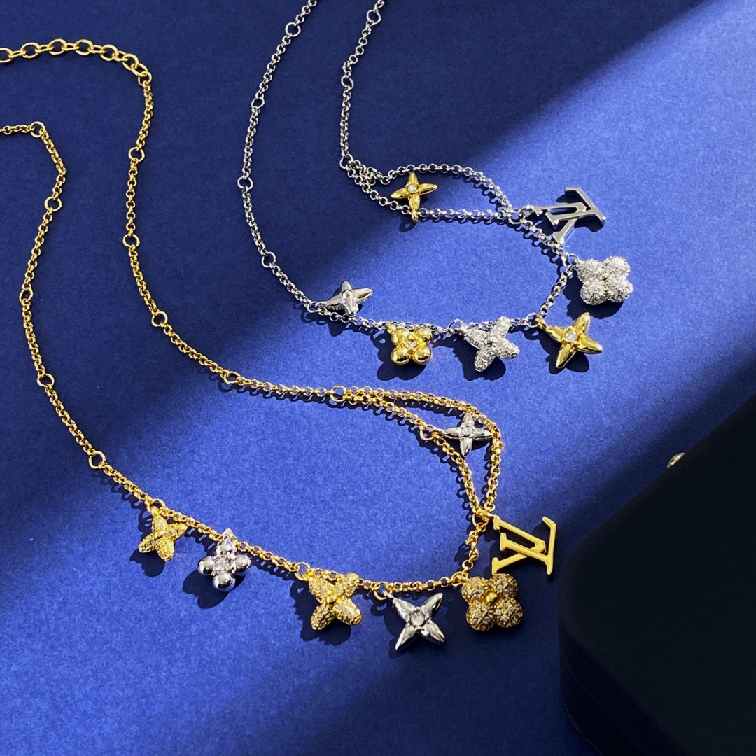 LVN015 Louis VL Gram Icon Motif Necklace Silvery Golden - ccjewelryacc