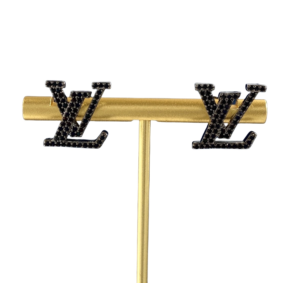 LVE004 Louis Metal Crystal VL Iconic Earrings Black - ccjewelryacc