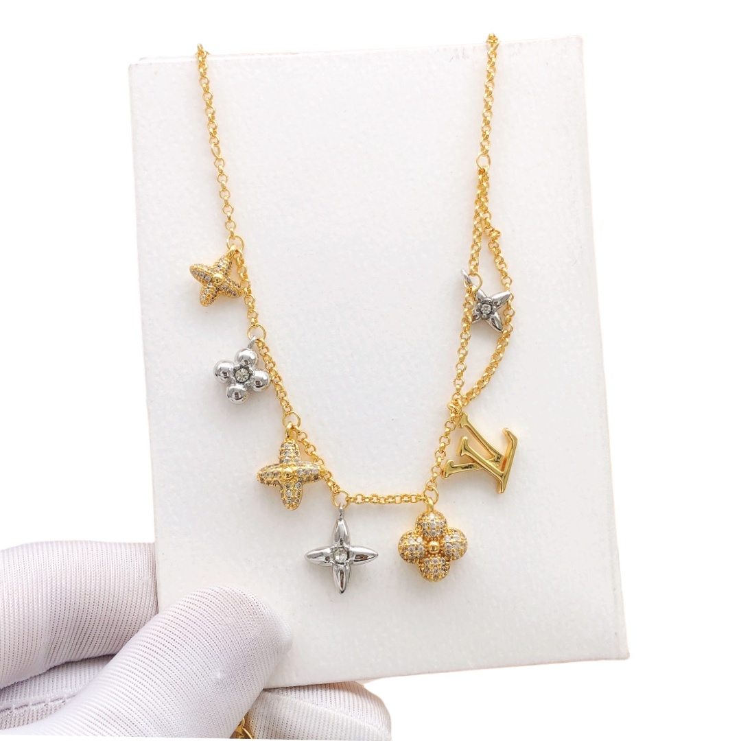 LVN015 Louis VL Gram Icon Motif Necklace Silvery Golden - ccjewelryacc