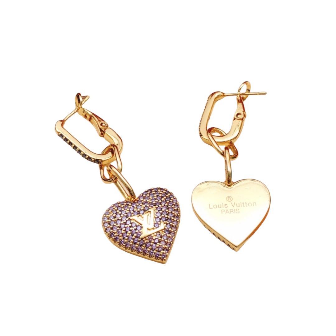 LVE030 Full purple crystal lv logo heart lv drop earring clip - ccjewelryacc