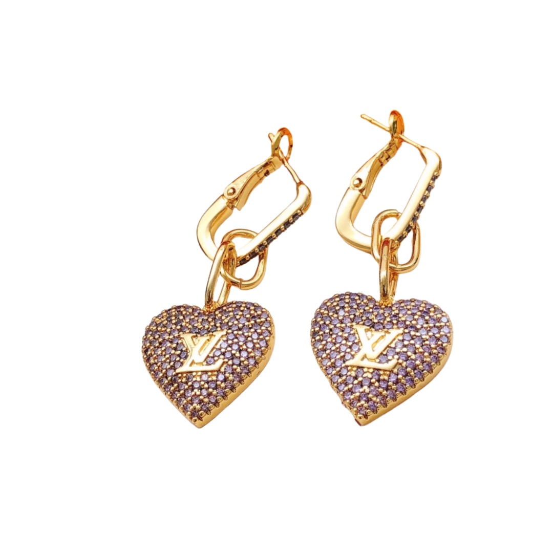 LVE030 Full purple crystal lv logo heart lv drop earring clip - ccfashionjewelry