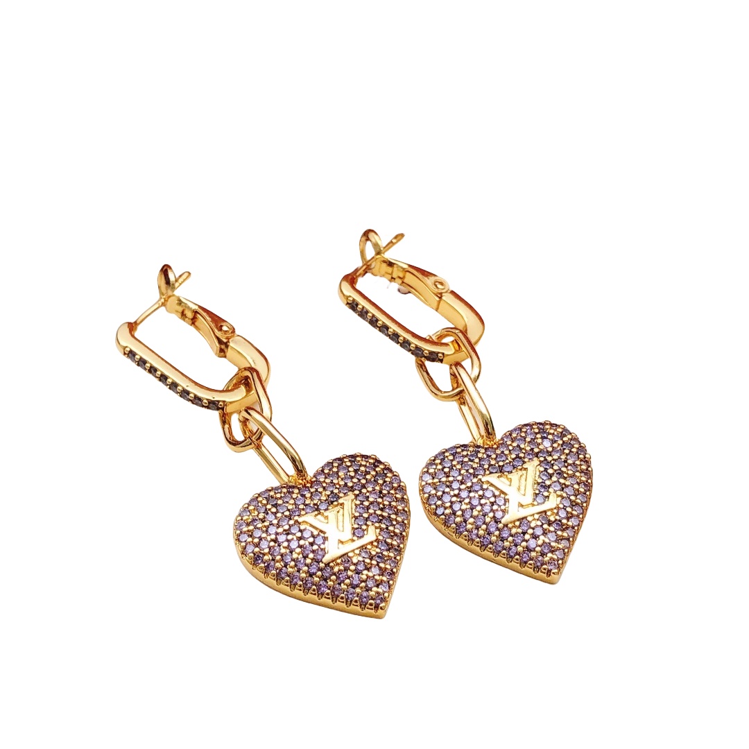 LVE030 Full purple crystal lv logo heart lv drop earring clip - ccjewelryacc