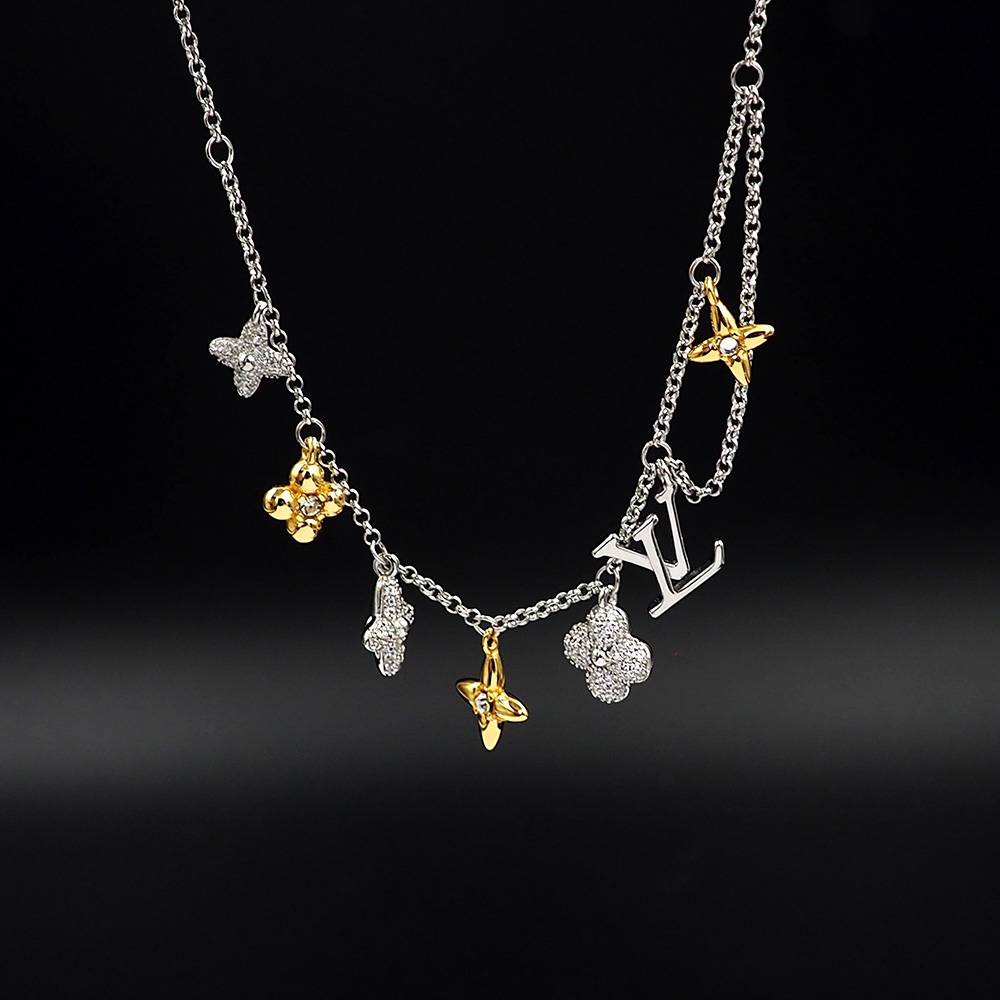 LVN015 Louis VL Gram Icon Motif Necklace Silvery Golden - ccjewelryacc