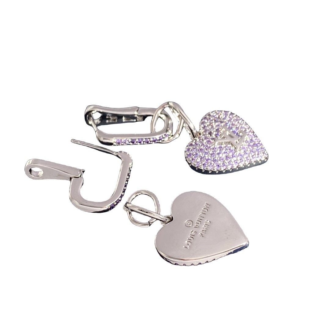 LVE030 Full purple crystal lv logo heart lv drop earring clip - ccjewelryacc