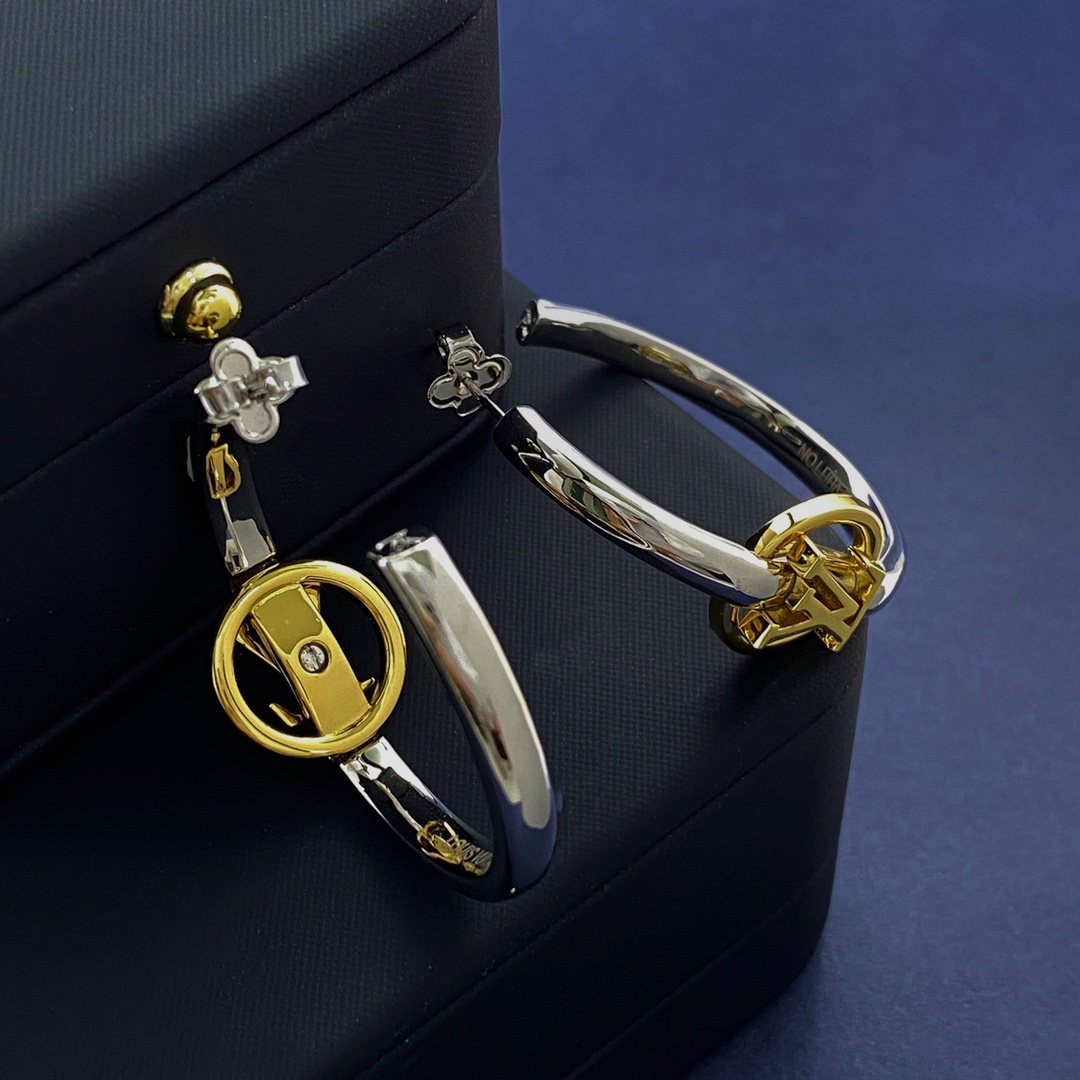 LVE058 Metal Silver hoop earring with gold lv logo - ccjewelryacc