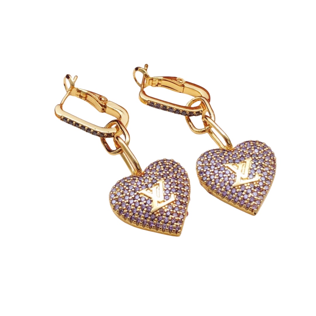 LVE030 Full purple crystal lv logo heart lv drop earring clip - ccjewelryacc