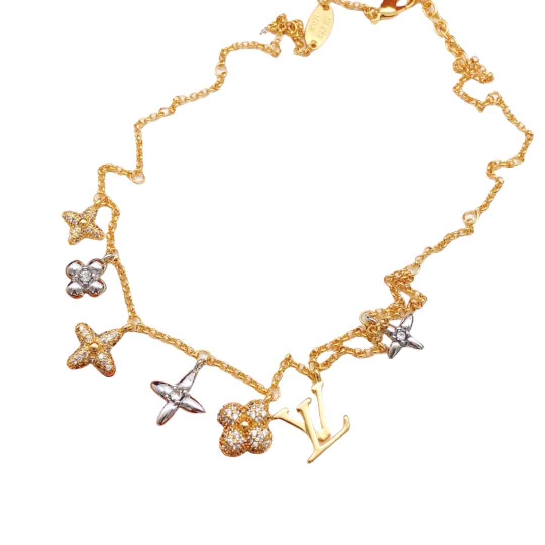 LVN015 Louis VL Gram Icon Motif Necklace Silvery Golden - ccjewelryacc