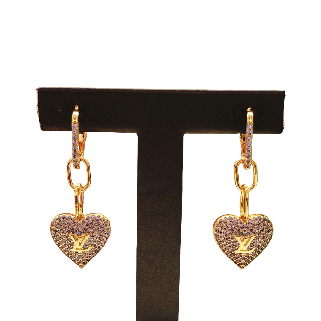 LVE030 Full purple crystal lv logo heart lv drop earring clip - ccfashionjewelry