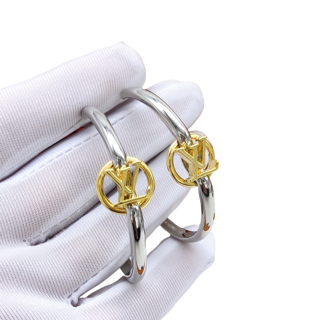 LVE058 Metal Silver hoop earring with gold lv logo - ccjewelryacc