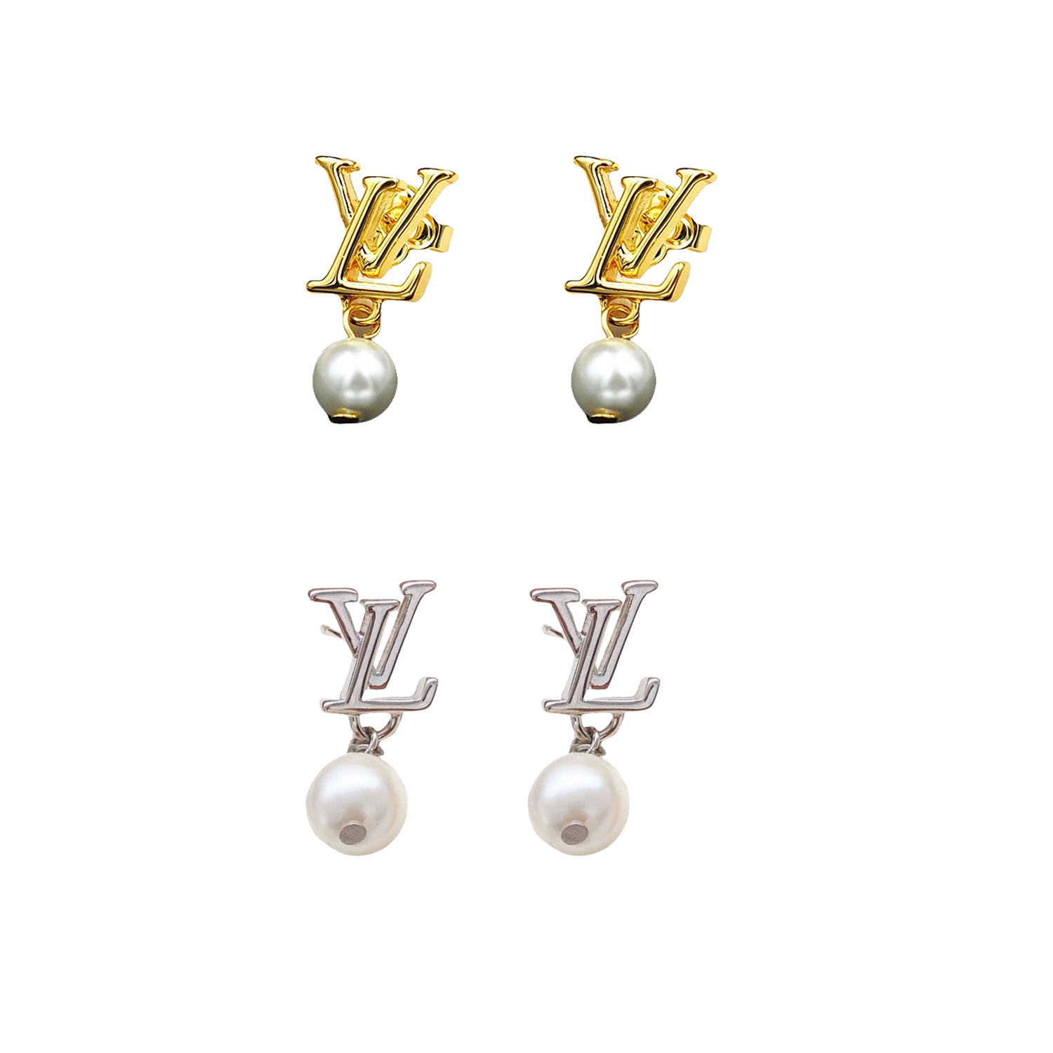 LVE081 Metal vl logo pearl pendant earring - ccjewelryacc