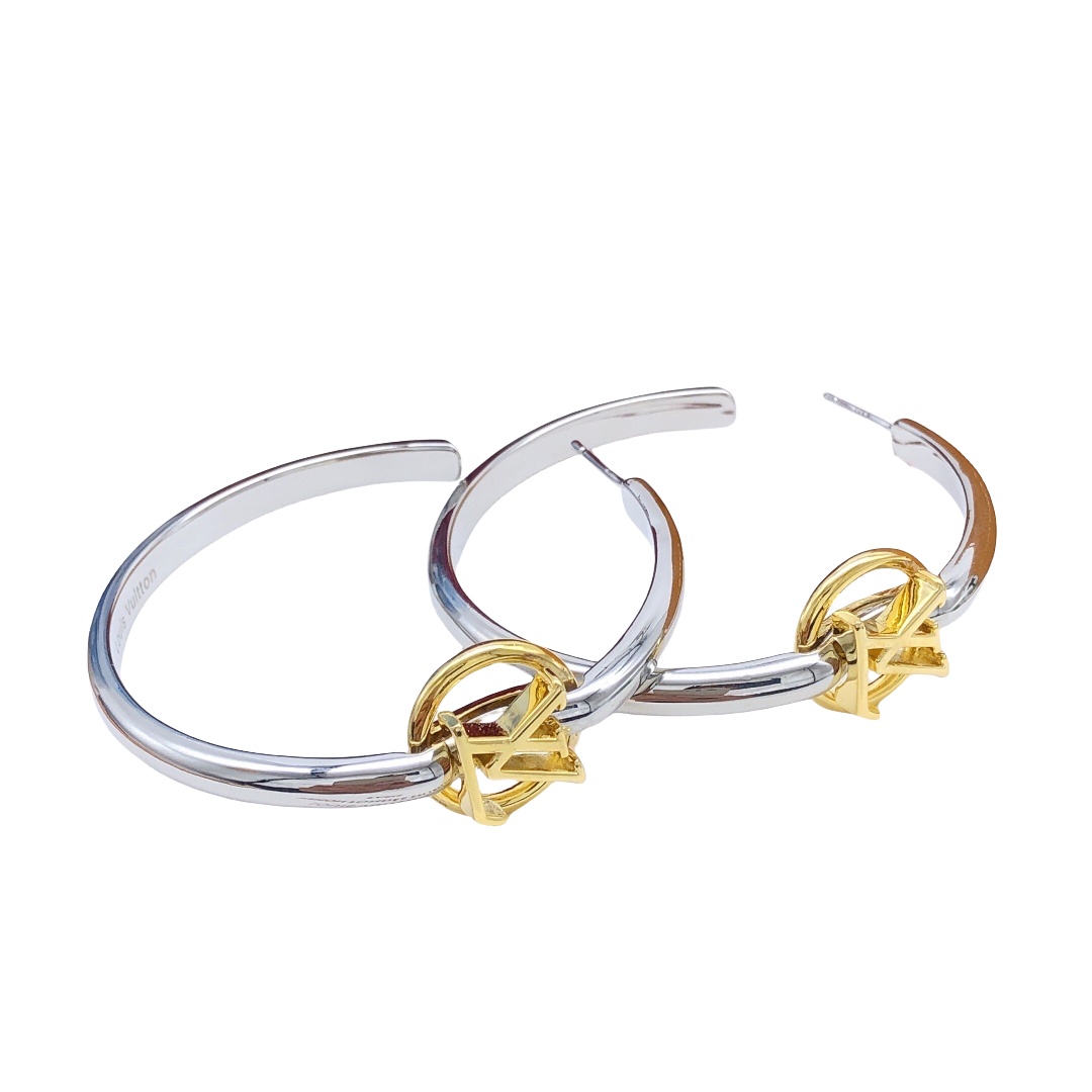 LVE058 Metal Silver hoop earring with gold lv logo - ccfashionjewelry