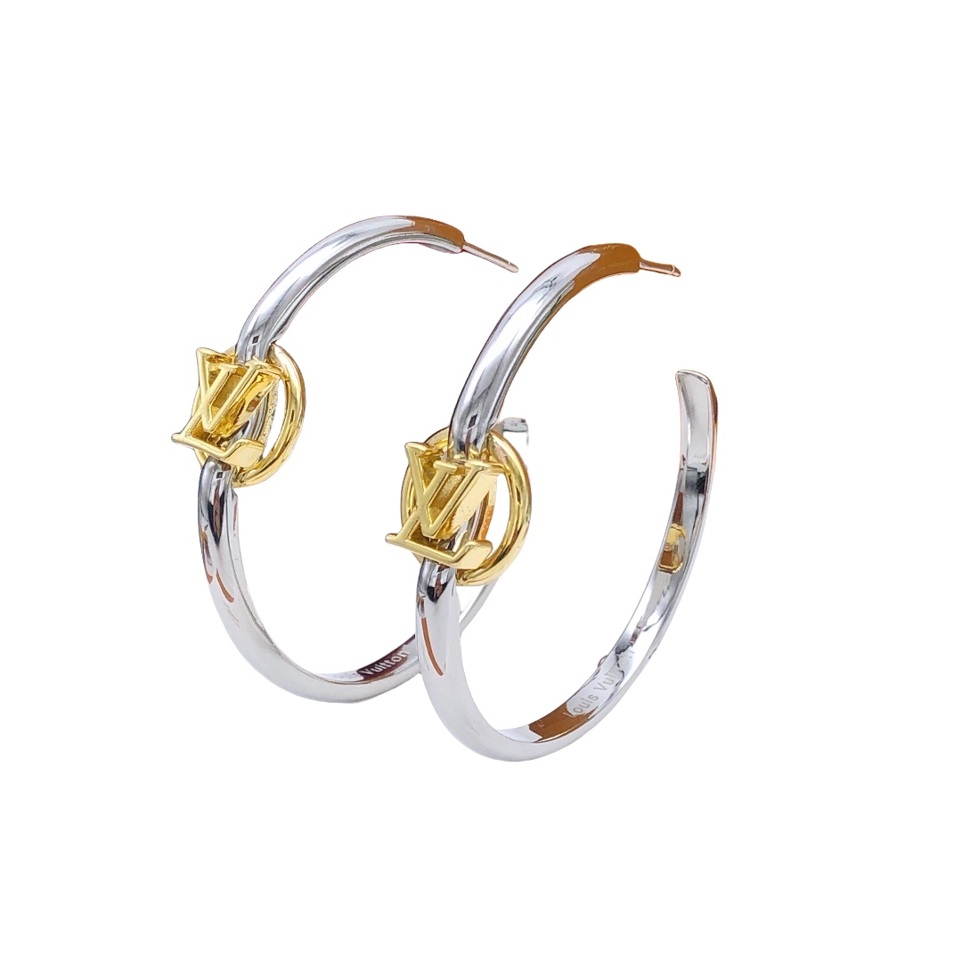 LVE058 Metal Silver hoop earring with gold lv logo - ccfashionjewelry