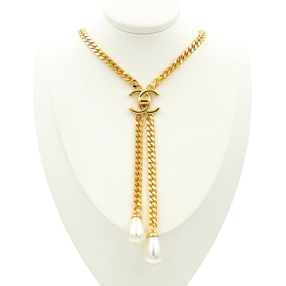 CCN479 CC metal gold chain cc logo pearl pendant necklace - ccjewelryacc