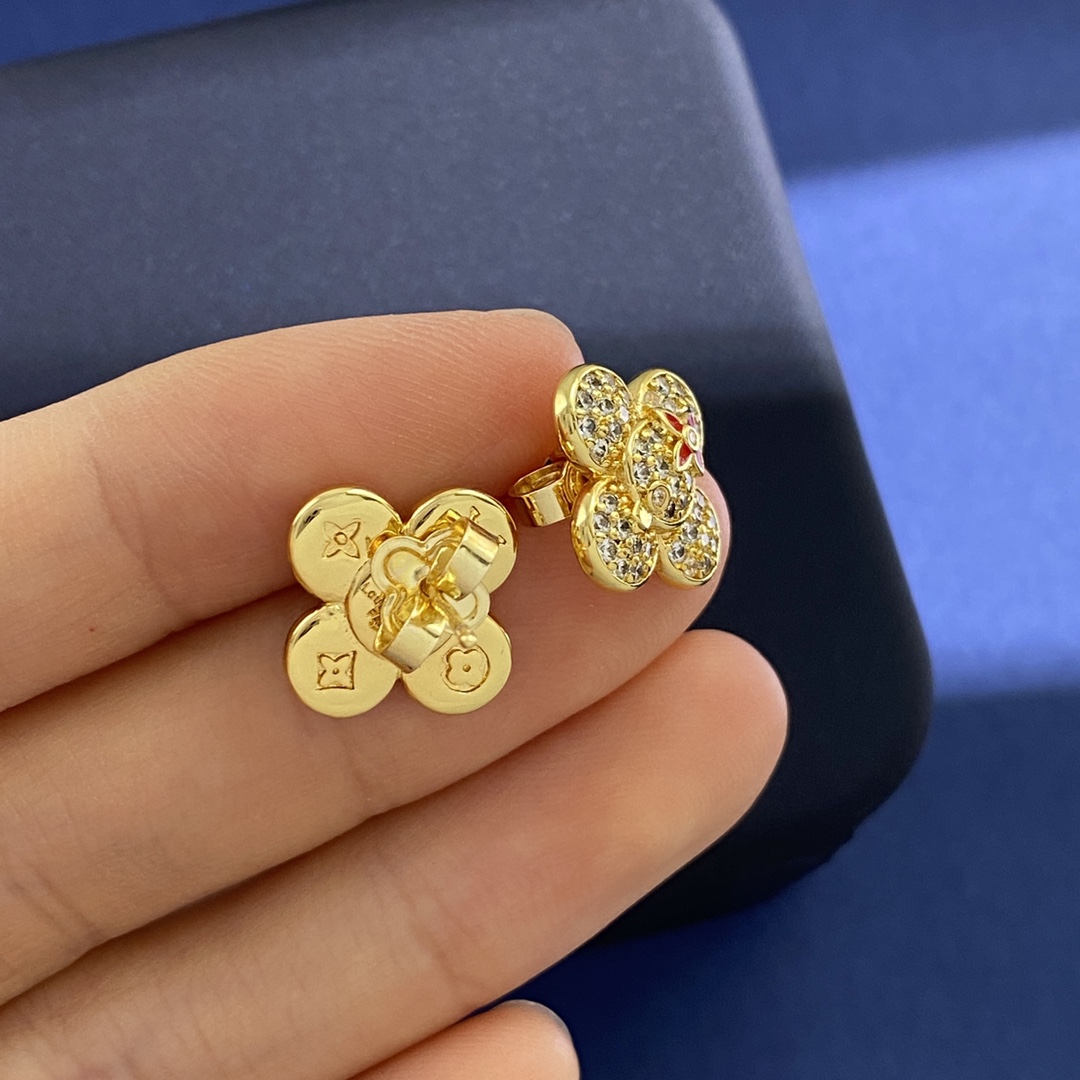 LVE103 L&V Clover flower stud earring in metal and crystal - ccjewelryacc