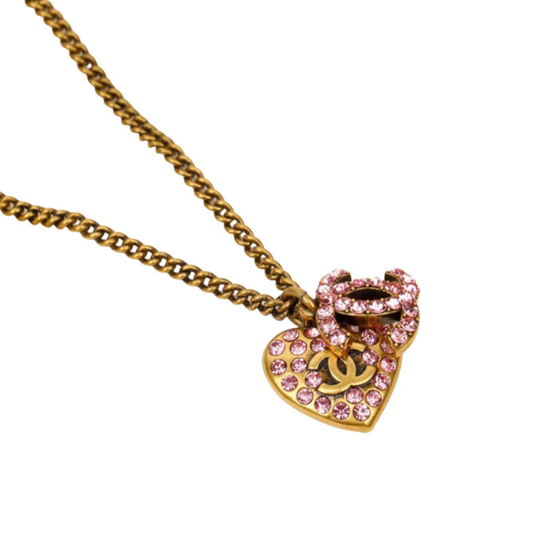 CCN505 Vintage Pink crystal heart and cc logo pendant necklace - ccjewelryacc