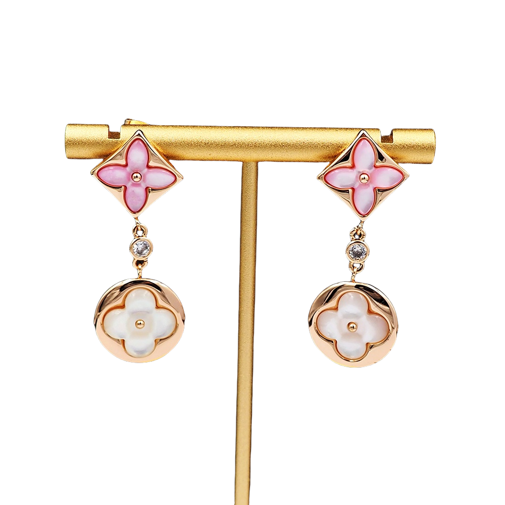 LVE098 L&V Color Blossom Long Earrings Pink Gold White Mother-of-Pearl and Diamonds - ccjewelryacc