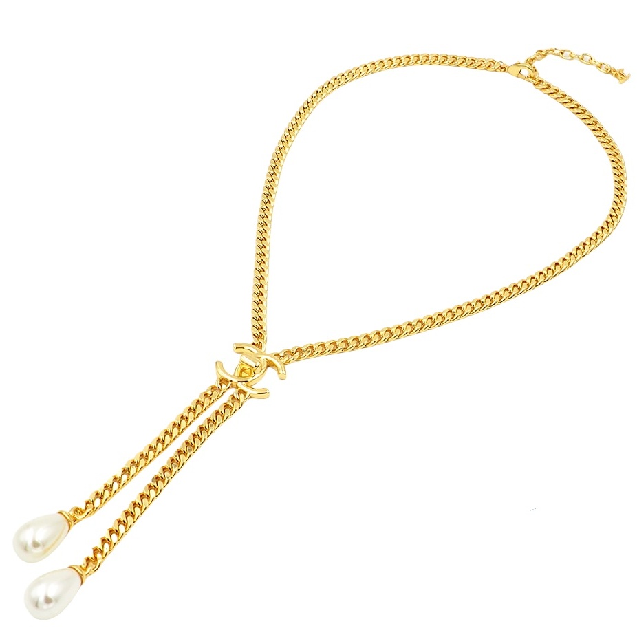 CCN479 CC metal gold chain cc logo pearl pendant necklace - ccfashionjewelry