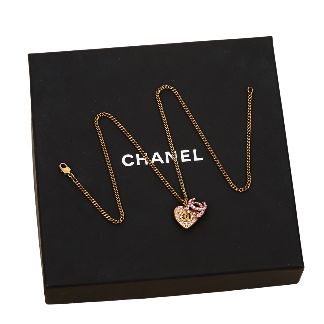 CCN505 Vintage Pink crystal heart and cc logo pendant necklace - ccjewelryacc