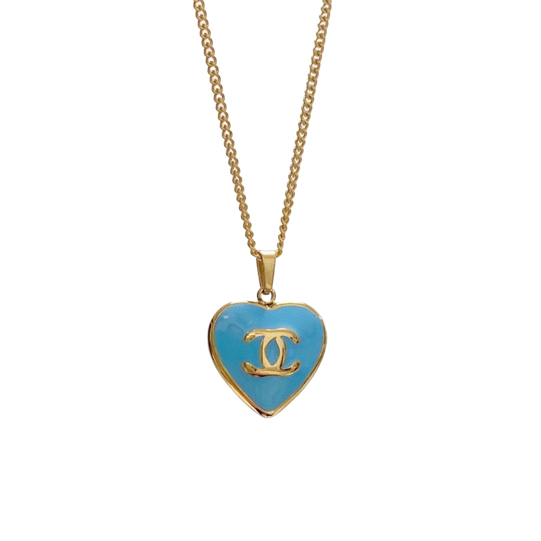 CCN489 Titanium steel Blue Heart CC Logo pendant necklace - ccfashionjewelry