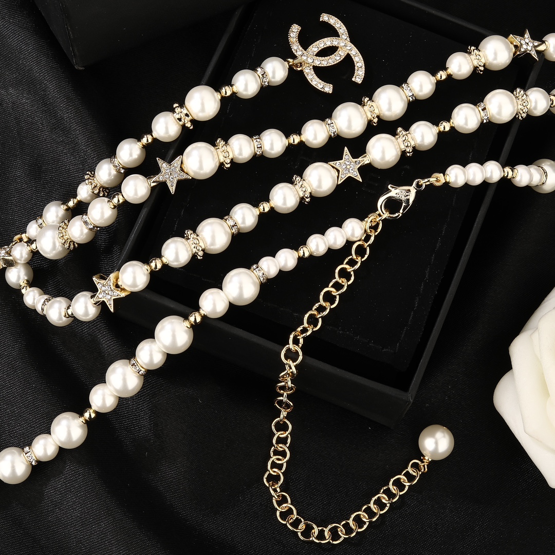 CCW034 Pearls chain with stars cc logo waist chain belt - ccjewelryacc
