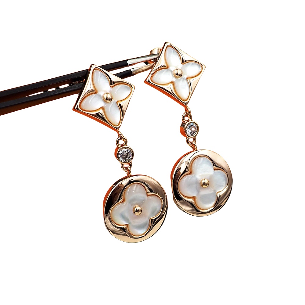 LVE098 L&V Color Blossom Long Earrings Pink Gold White Mother-of-Pearl and Diamonds - ccjewelryacc