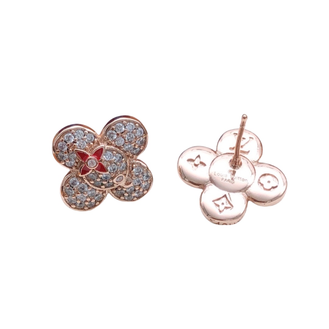 LVE103 L&V Clover flower stud earring in metal and crystal - ccjewelryacc