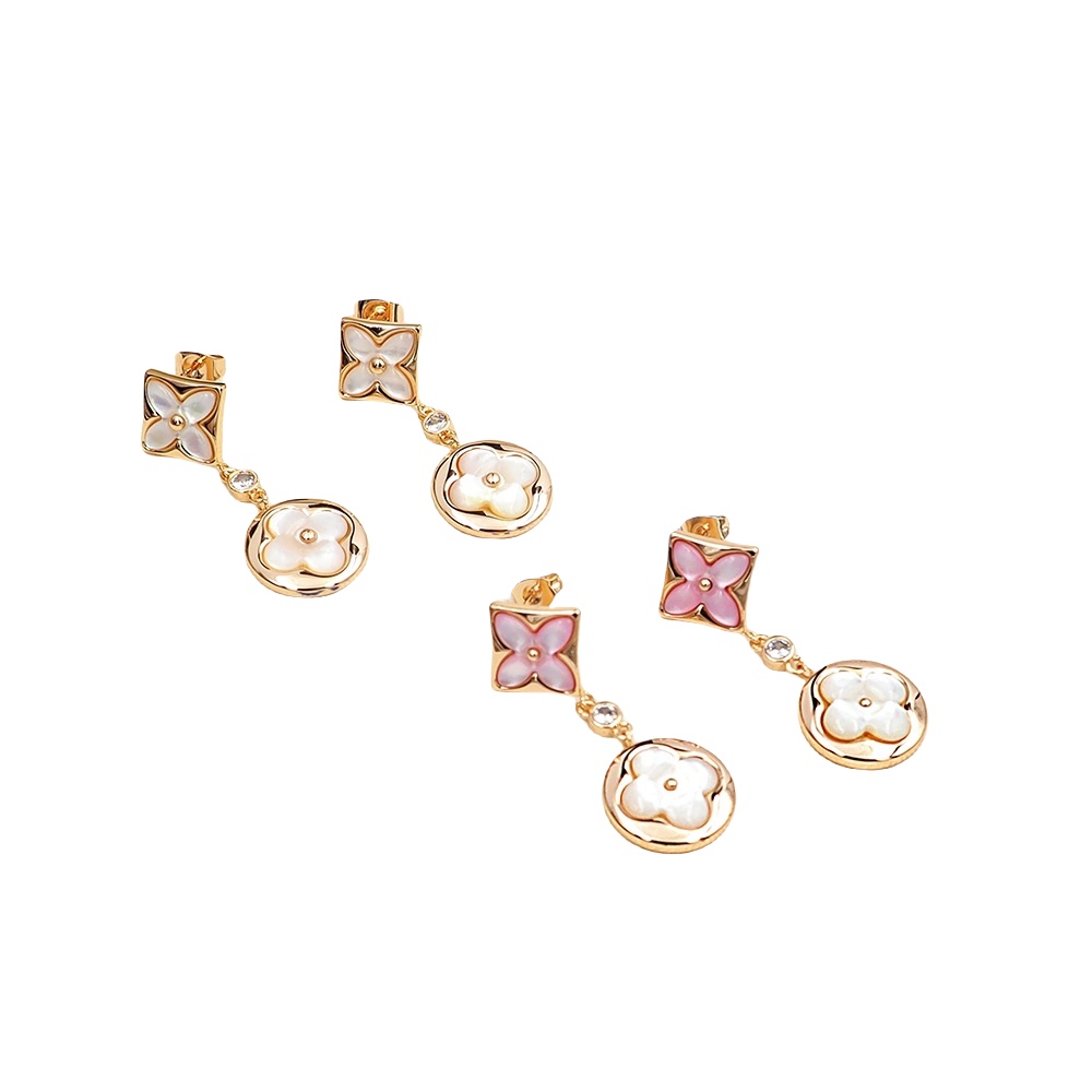 LVE098 L&V Color Blossom Long Earrings Pink Gold White Mother-of-Pearl and Diamonds - ccjewelryacc