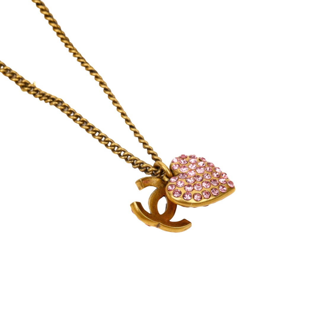 CCN505 Vintage Pink crystal heart and cc logo pendant necklace - ccfashionjewelry