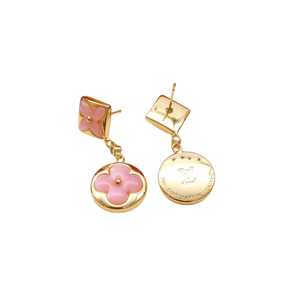 LVE098 L&V Color Blossom Long Earrings Pink Gold White Mother-of-Pearl and Diamonds - ccjewelryacc